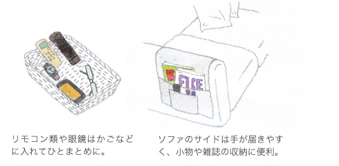 リモコン類や眼鏡はかごなどに入れてひとまとめに。ソファのサイドは手が届きやすく、小物や雑誌の収納に便利。