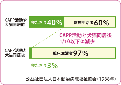 （表1）CAPP活動と犬猫同居後、寝たきりが1/10以下に減少　公益社団法人日本動物病院福祉協会（1988年）
