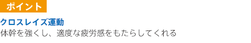 《ポイント》クロスレイズ運動：体幹を強くし、適度な疲労感をもたらしてくれる